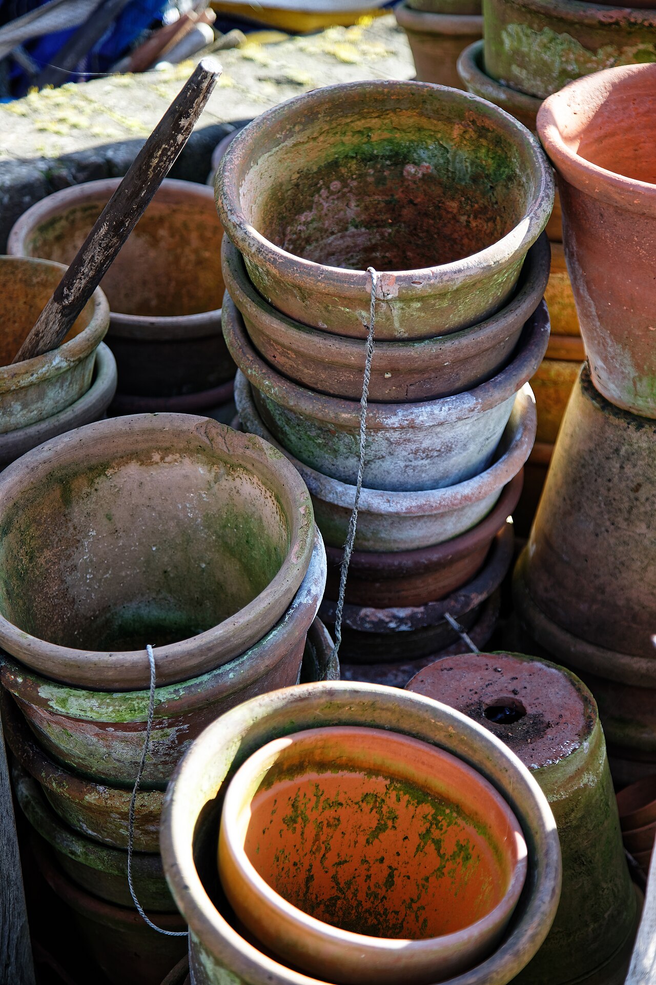 Copped Hall kitchen walled garden, plant pot stack, Essex, England